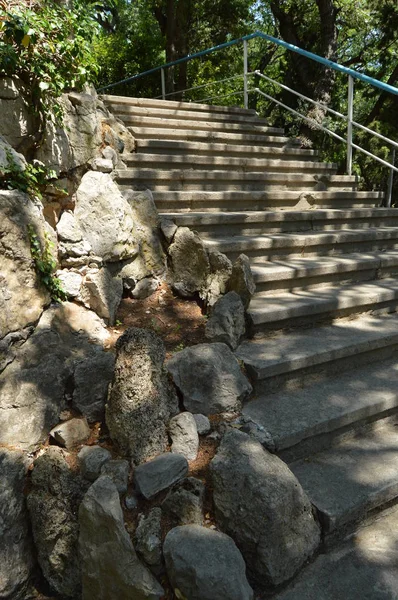 Escadaria de pedra bonita, passos que levam até entre as plantas e árvores no Parque — Fotografia de Stock