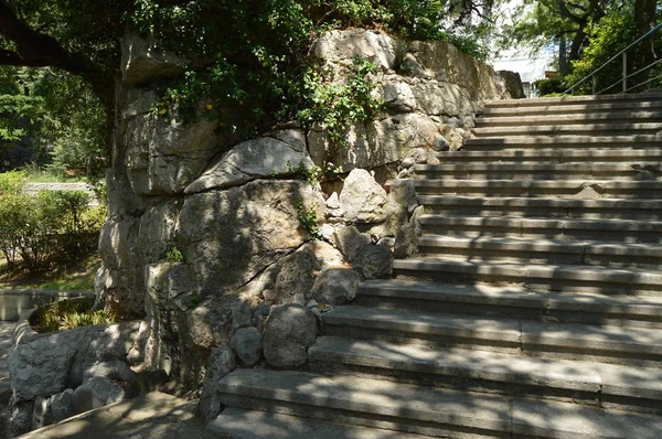 Bel escalier en pierre, marches menant parmi les plantes et les arbres du parc — Photo