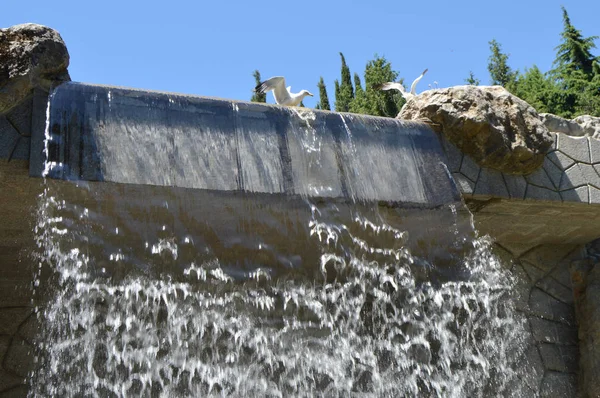 Artificial waterfall with water jets, modern stone structure, beautiful art design in the Park — Stock Photo, Image