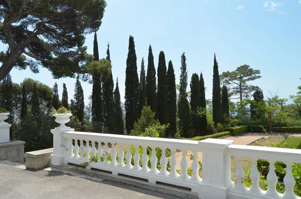 Korkuluk ve çam ağaçları, selvi ağaçları ve sütunları ile Park güzel manzaralı deniz ve mavi gökyüzü arka plan üzerinde bir güneşli yaz gününde Teras