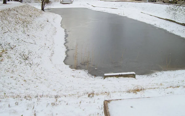 Frusna dammen täckt med den första snön i staden Park — Stockfoto