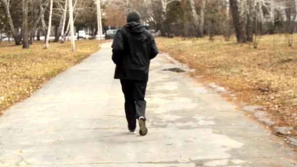 Мужчина Черном Спортивном Костюме Бежит Аллее Осеннего Парка Вид Сзади — стоковое видео