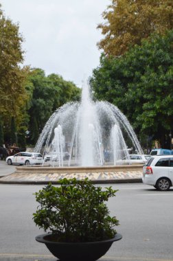 Palma de Mallorca, Mallorca, İspanya-Ekim 10, 2018, Plaza de La Reina bir çeşme ve Palma de Mallorca'da binaların renkli cephe sistemleri ile.