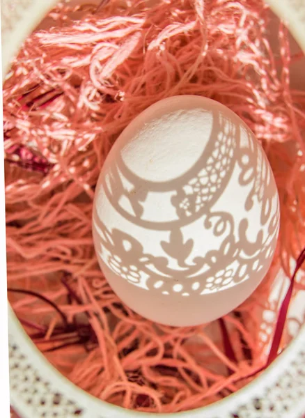 Easter. A beautiful Easter card with an openwork vertical oval frame through which beautiful shadows fall on a white egg. Green background, top view