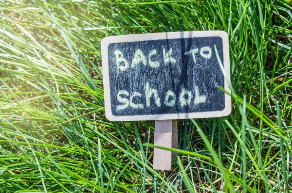 Sluneční svit padá na zelenou trávu a černou desku s nápisem zpátky do školy. Koncept vzdělání, školení, dne učitele — Stock fotografie