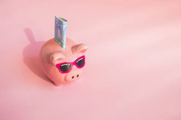 Concepto de ahorro de dinero en su viaje o vacaciones cerdo alcancía con gafas de sol en la factura de euros sobre un fondo rosa, lugar para el texto — Foto de Stock