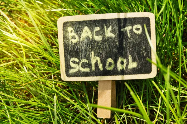 Ecrit de retour à l'école, crayé sur un tableau noir sur un fond d'herbe verte, lumière du soleil éclatante — Photo
