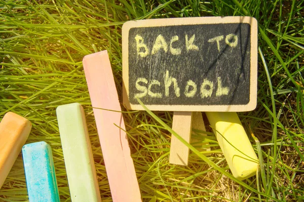 Mini táblát írt Vissza az iskolába, és színes kréta egy zöld fű háttér — Stock Fotó