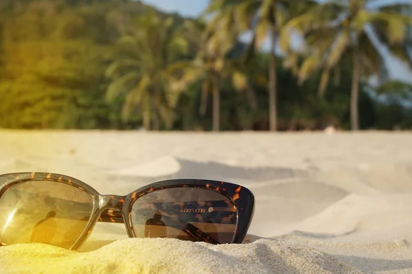 El concepto de vacaciones en la playa y viajes. Gafas de sol marrones en la arena en la playa, luz solar, lugar para el texto — Foto de Stock