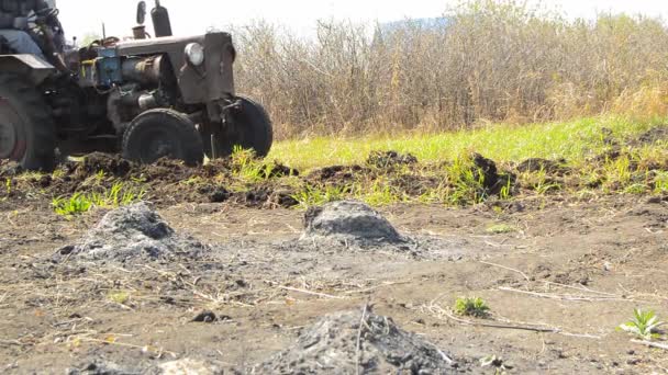 Vintage tractor plows agricultural field to protect against fire, the wind carries smoke and ash — Stock Video