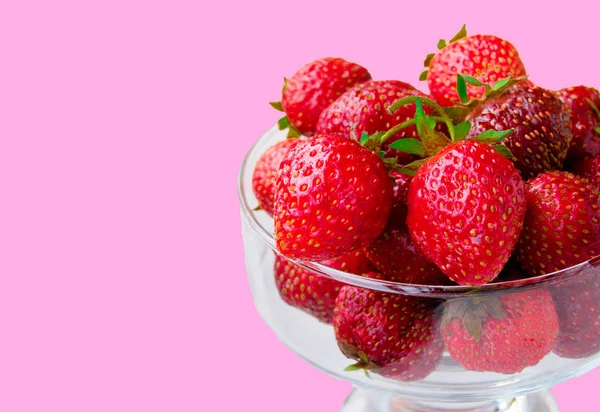 Glasschale mit frischen reifen Erdbeeren, Platz für Text, Kopierraum isoliert auf rosa Hintergrund, Layout, Ausschnitt — Stockfoto