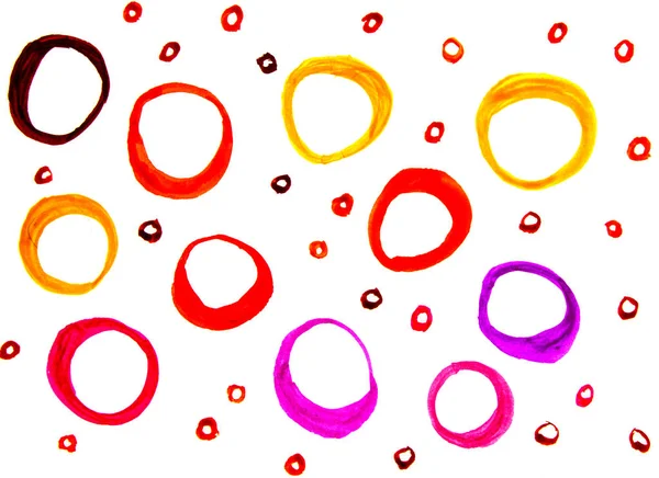 Akwarela tekstury z okrągłymi plamkami ręcznie rysowane okręgi, pierścienie czerwone i żółte, izolowane na białym tle — Zdjęcie stockowe