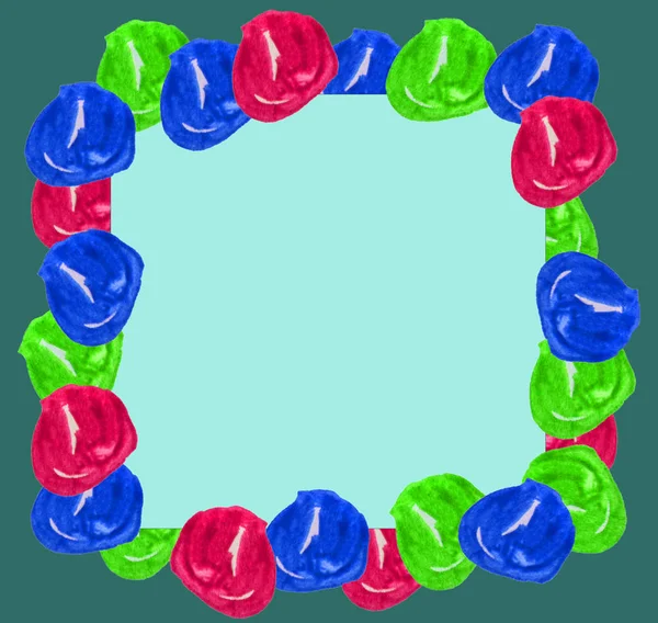 Akvarell bollar i form av en ram på en blå och grön jul bakgrund. Kan användas för vykort, gåvor förpackningar, tyg — Stockfoto
