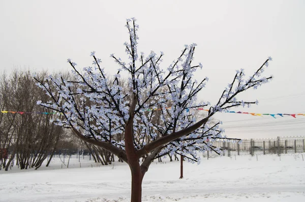 Decorazione nel Parco invernale sulla vacanza grande Natale e Anno nuovo. Installazione moderna albero artificiale decorato con ghirlande festive di luci a led all'aperto sfondo neve sfocata — Foto Stock