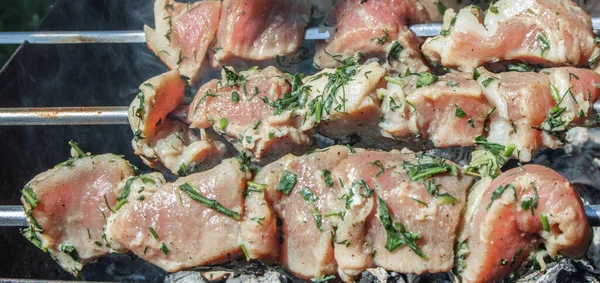 Zbliżenie Marynowanego Mięsa Pieczonego Metalowym Szpikulcu Otwartej Przestrzeni Letni Dzień — Zdjęcie stockowe