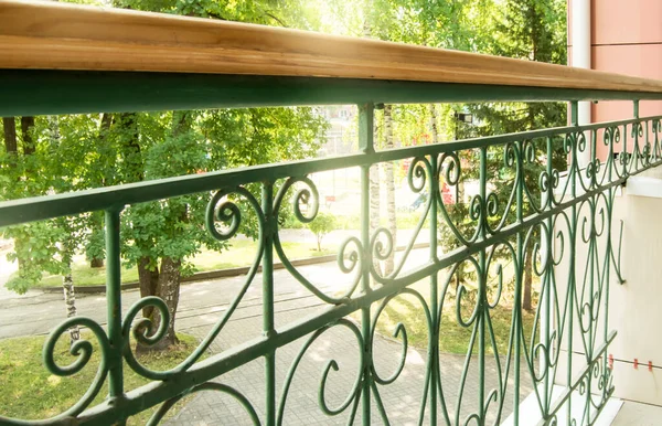 View Modern Balcony Metal Openwork Wrought Iron Fence Railings Park — Stock Photo, Image