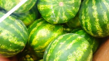 Taze olgun karpuzlar bir sebze dükkanının tezgahında, yavaş kamera hareketi, üst manzara, 4K Video