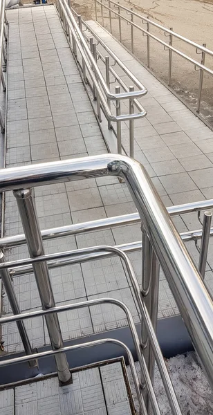 Close Entrance Building Wheelchair Ramp Metal Handrails Outdoor Vertical Photo — Stock Photo, Image