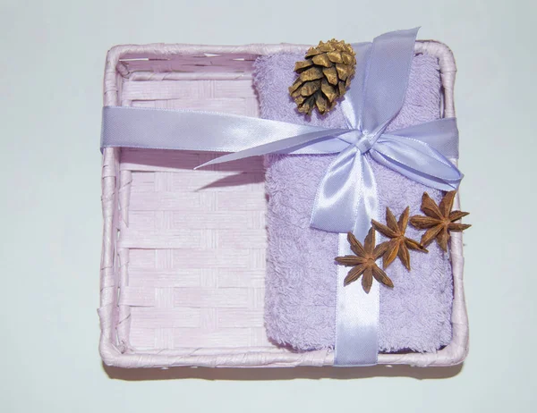 Gift Box Lilac Terry Towel Golden Cone Star Badian Christmas — Stock Photo, Image