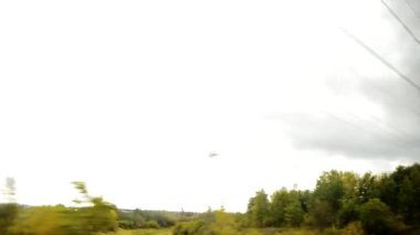 Hareket halindeki bir trenin penceresinden, sonbahar ormanını geçen hızlı bir hareket bulutlu bir sonbahar gününde sarı ve yeşil ağaçlarla