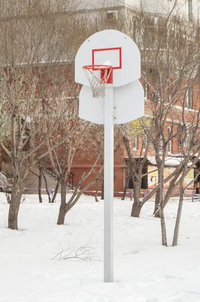 Basketball basket against the background of trees and houses, in the open, against the winter landscape — Stock Photo, Image