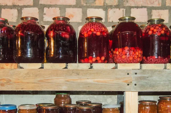 Glass Jars Storing Food Canned Vegetables Fruits Berries Shelf Cellar — Stock Photo, Image