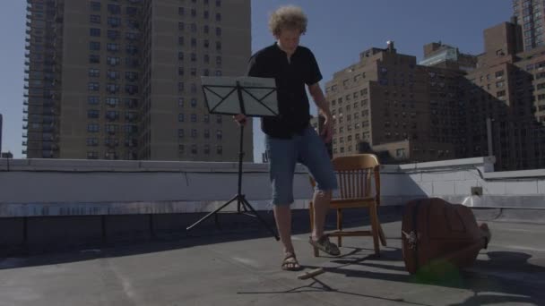 Caucasian Adult Man Playing Cello Rooftop — Stock Video