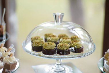 Yeşil kremalı çikolatalı kekler ve cam kubbenin altında fıstıklar..