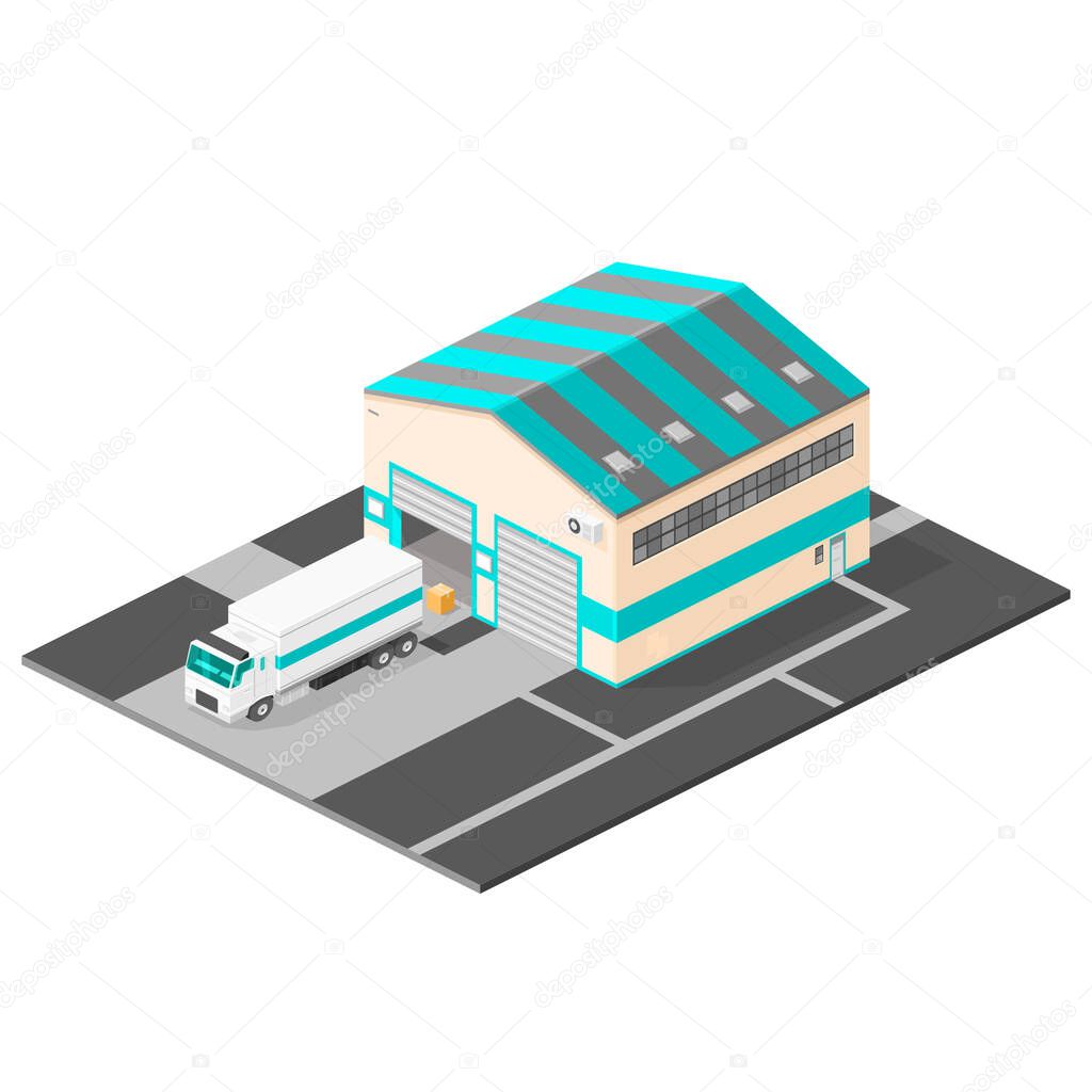 Isometric Industrial Warehouse Distribution Building Vector Icon
