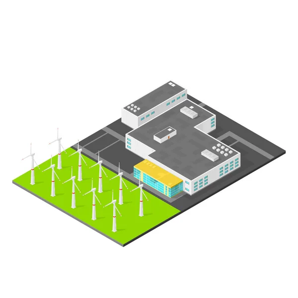 Icône Vectorielle Illustration Vecteur Parc Éolien Bâtiment Industriel Isométrique Usine — Image vectorielle