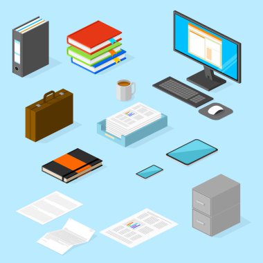 Isometric Ofis Simgesi Vektör İllüstrasyon Sembolünü Ayarla