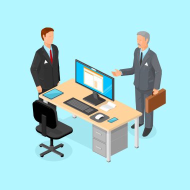 Isometric Modern Kurumsal Ofis Sahnesi İş Adamları Toplantısı - Vektör Simgesi İllüstrasyon Sembolü