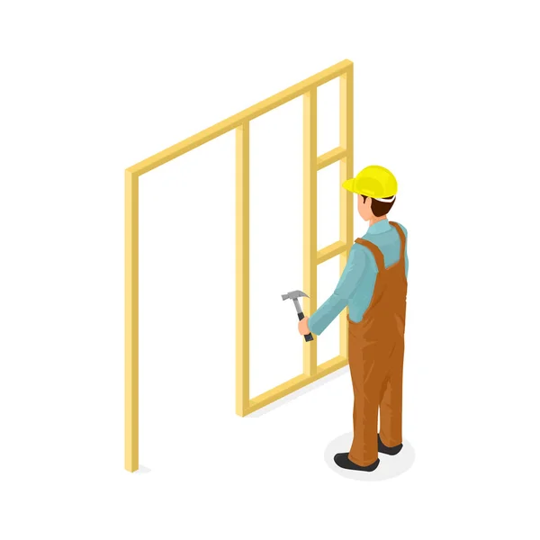 Carpintaria Isométrica Empreiteiro Construção Carpinteiro Icon Vector Ilustração — Vetor de Stock