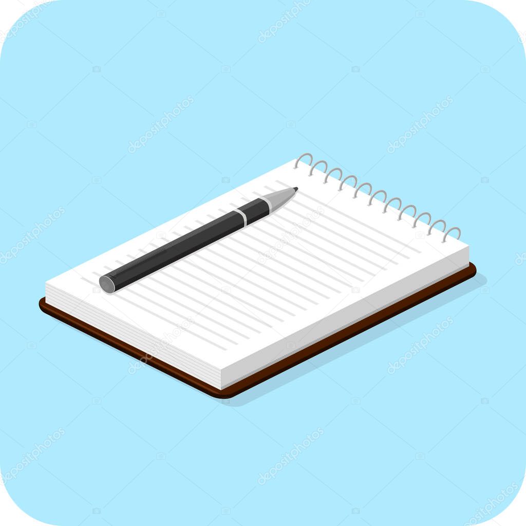 Flat Isometric Notepad With Pen On Lined Paper Illustration Vector Icon Symbol