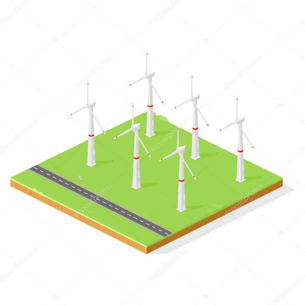 Isometric Eco Friendly Renewable Wind Farm Vector Illustration Icon Symbol