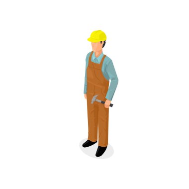 Isometric Erkek İnşaatçı Müteahhit - Simge Vektörü İllüstrasyon Sembolü.