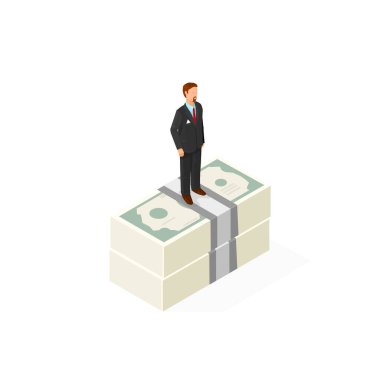 Isometric İşadamı Başarı Para Simgesi Vektörü İllüstrasyonu