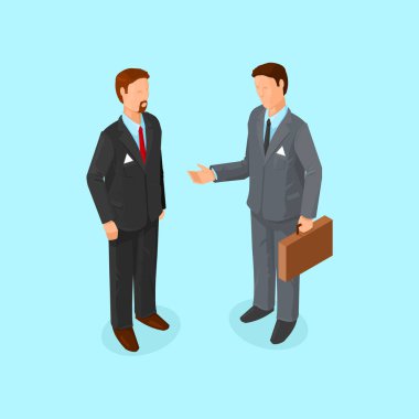 Isometric İşadamları Buluşuyor ve Konuşuyor - Vektör Simgesi İllüstrasyonu