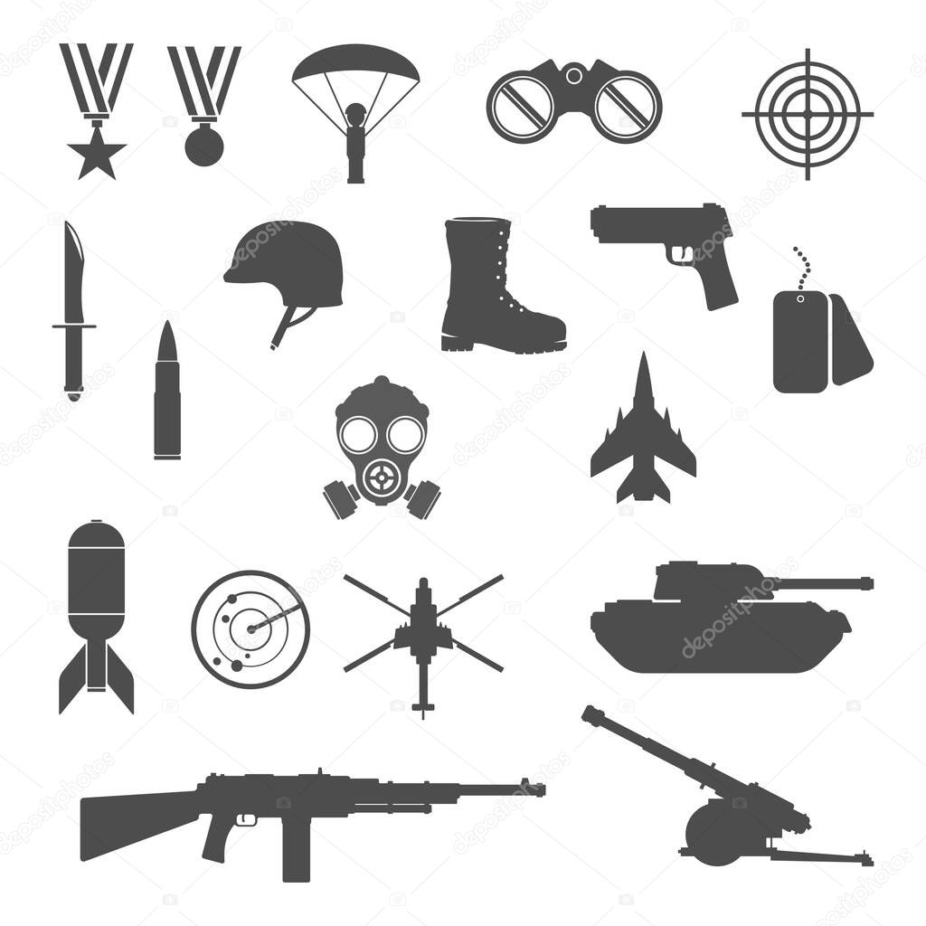 Military War Icon Set - Vector Illustration Black Silhouette.