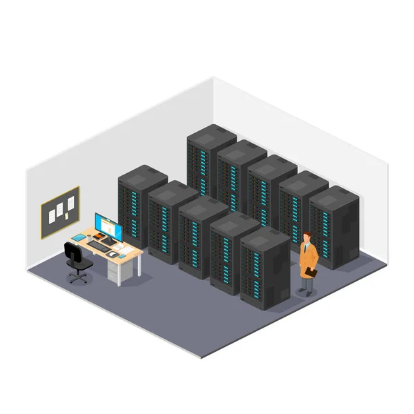 Sala Servidores Isométricos Ilustración Iconos Vectoriales — Archivo Imágenes Vectoriales