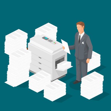 Etrafı kağıt yığınlarıyla çevrili Isometric Fotokopi makinesi ve işadamı Vektör İllüzyonu