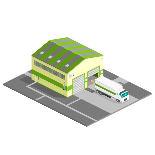 Ilustração Isométrica Armazém Distribuição Vetor Com Caminhão Entrega — Vetor de Stock