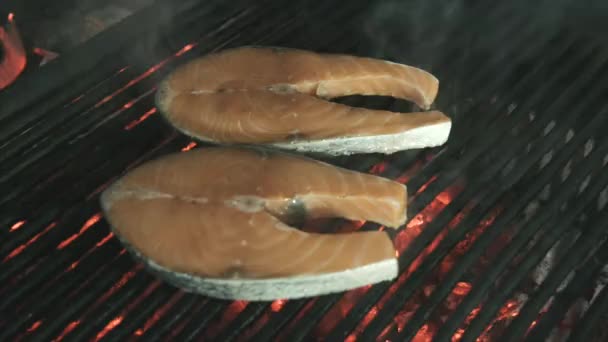 Cozinhar peixe bife de salmão grelhado — Vídeo de Stock