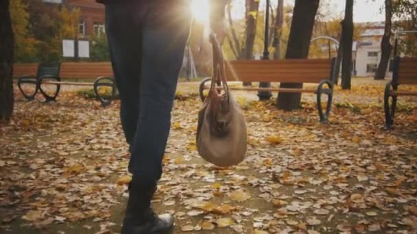 Brutal homme met un sac de sport sur le banc dans le parc — Video