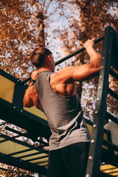 Young sexy male athlete does pull-ups in the park