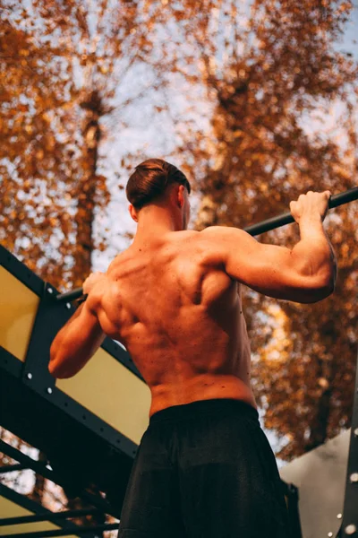 Człowiek młody sportowiec sexy z nagi tors robi pull-up w parku — Zdjęcie stockowe