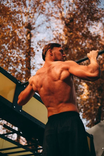 Giovane atleta sexy uomo con busto nudo facendo pull-up nel parco — Foto Stock