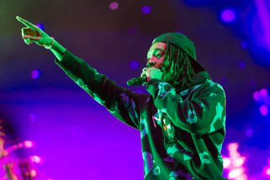 PANENSKY TYNEC, CZECH REPUBLIC - JUNE 28, 2018: American rapper Wiz Khalifa during his performance at Aerodrome festival in Panensky Tynec, Czech Republic, June 28, 2018.