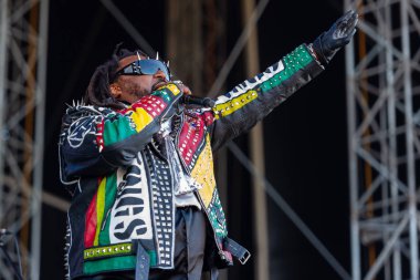 Panensky Tynec'te, Çek Cumhuriyeti - 30 Haziran 2018: şarkıcı Benji Webbe sırasında performans 30 Haziran 2018 Aerodrome Festivali Panensky Tynec'te, Çek Cumhuriyeti için Skindred.
