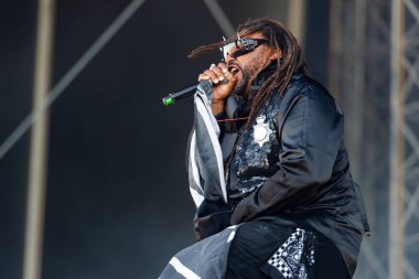 Panensky Tynec'te, Çek Cumhuriyeti - 30 Haziran 2018: şarkıcı Benji Webbe sırasında performans 30 Haziran 2018 Aerodrome Festivali Panensky Tynec'te, Çek Cumhuriyeti için Skindred.